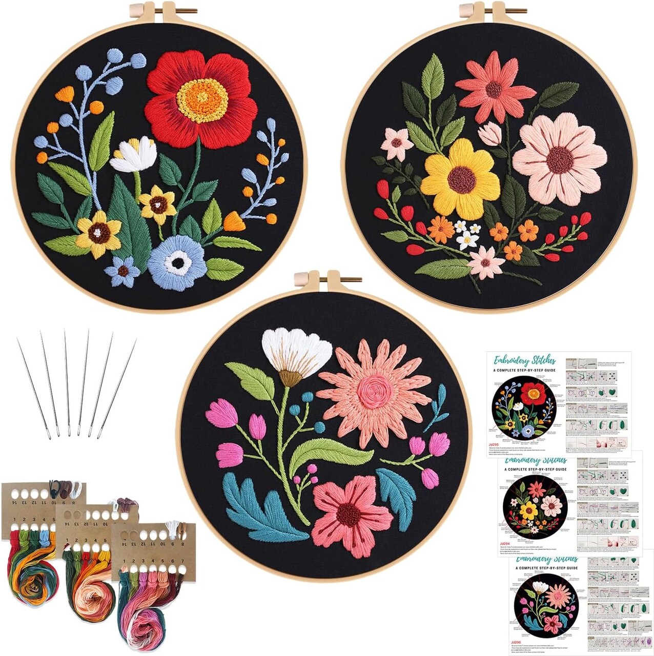 3 Sets Flowers Embroidery Kits for Beginners,Cross Stitch Kit for Adults